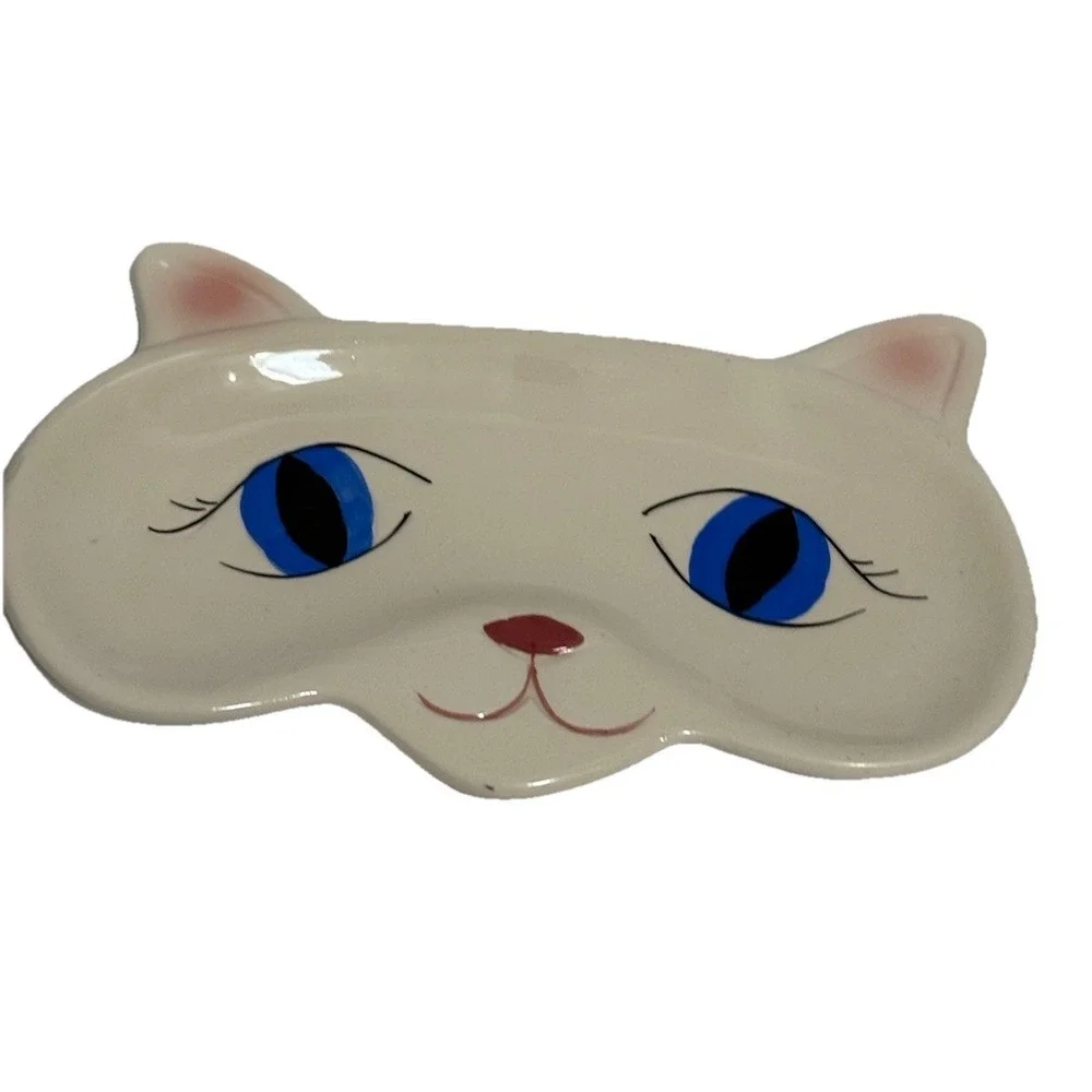 Vintage Ceramic Cat Face Trinket Dish with Blue Eyes - Mid-Century Modern Kitty